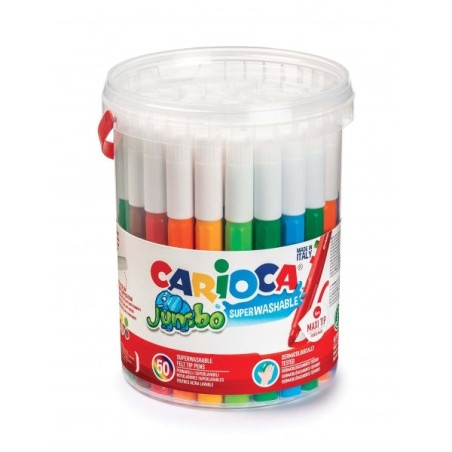 Carioca Jumbo Pack of 50 Felt Tip Pens - Maxi Octagonal Barrel - Super Washable Ink - 6mm Locked Maxi Tip - Vented Cap