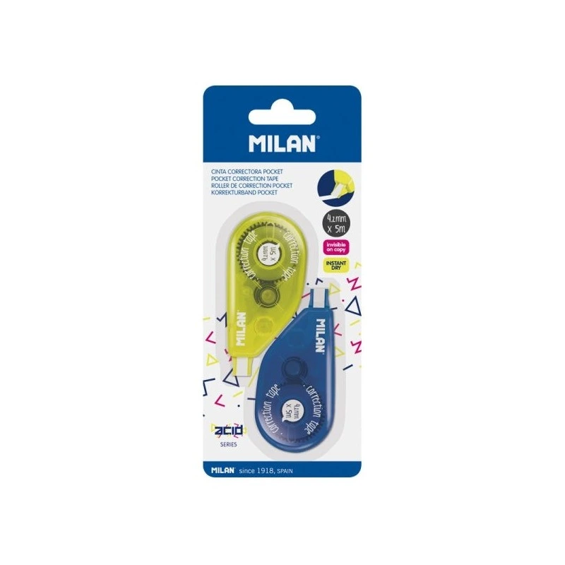 Milan Acid Pocket Pack of 2 Correction Tapes - Blister Packaging - 2mm x 5m - Yellow