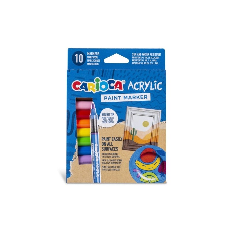 Carioca Acrylic Pack de 10 Marcadores de Tinta Acrílica - Ponta Pincel - Tinta à Base de Água - Alta Cobertura - Cores Sortidas
