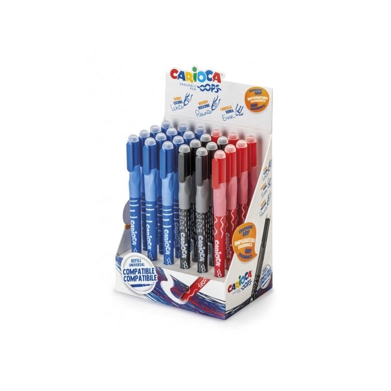 Carioca Oops Display of 24 Erasable Pens - Thermosensitive Ink - Ergonomic Triangular Grip - Ø0.7mm Tip - Double Eraser