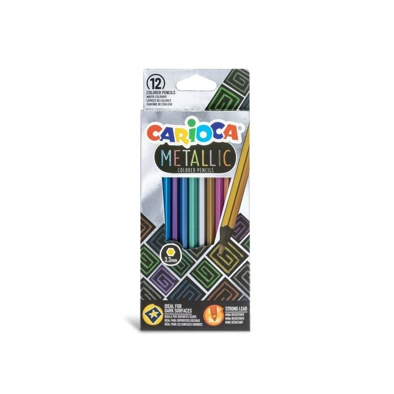 Carioca Metallic Lot de 12 Crayons Hexagonaux Métalliques - Couleurs Couvrantes - Idéal pour les Surfaces Sombres - Mine