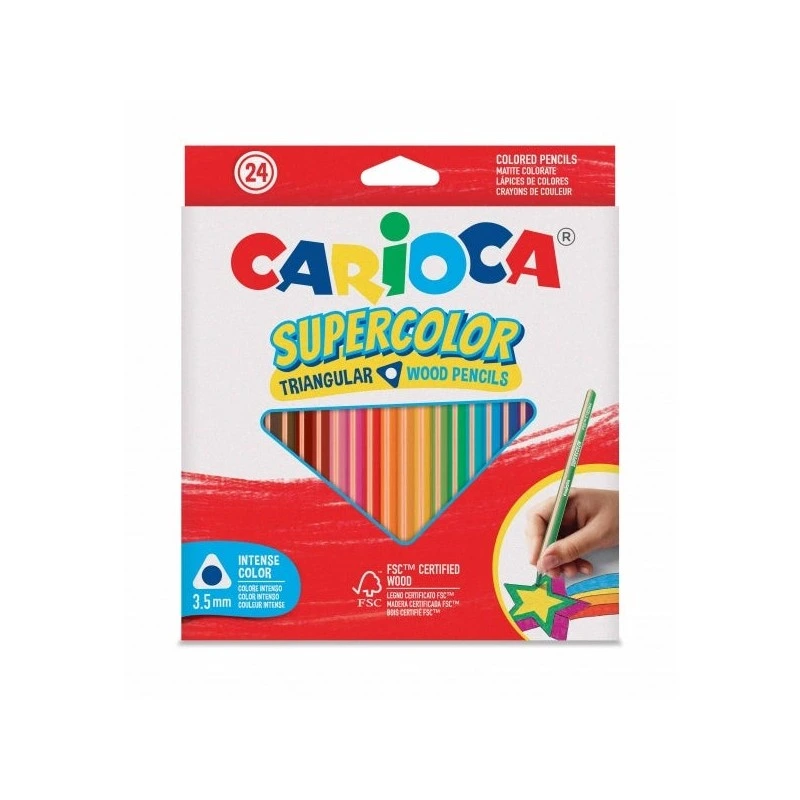 Carioca Supercolor Pack de 24 Crayons de Couleur - Corps Triangulaire en Bois - Couleurs Intenses et Grande Opacité - Mine 3,5