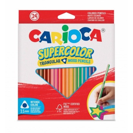 Carioca Supercolor Pack of 24 Colored Pencils - Triangular Wooden Body - Intense Colors and Great Opacity - 3,5mm Lead