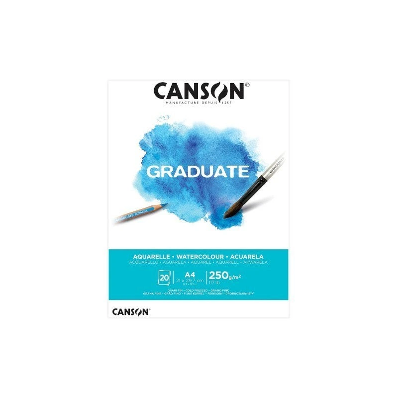 Canson Graduate Acuarela Bloc Encolado de 20 Hojas A4 - 250g - Grano Fino - Color Blanco