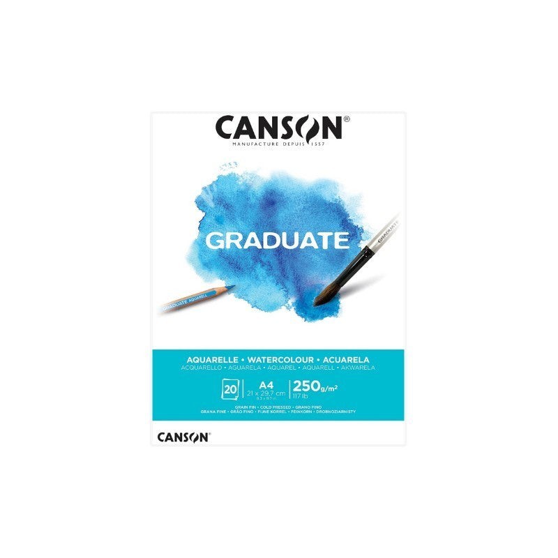 Canson Graduate Bloc Collé Aquarelle de 20 Feuilles A4 - 250 g - Grain Fin - Coloris Blanc