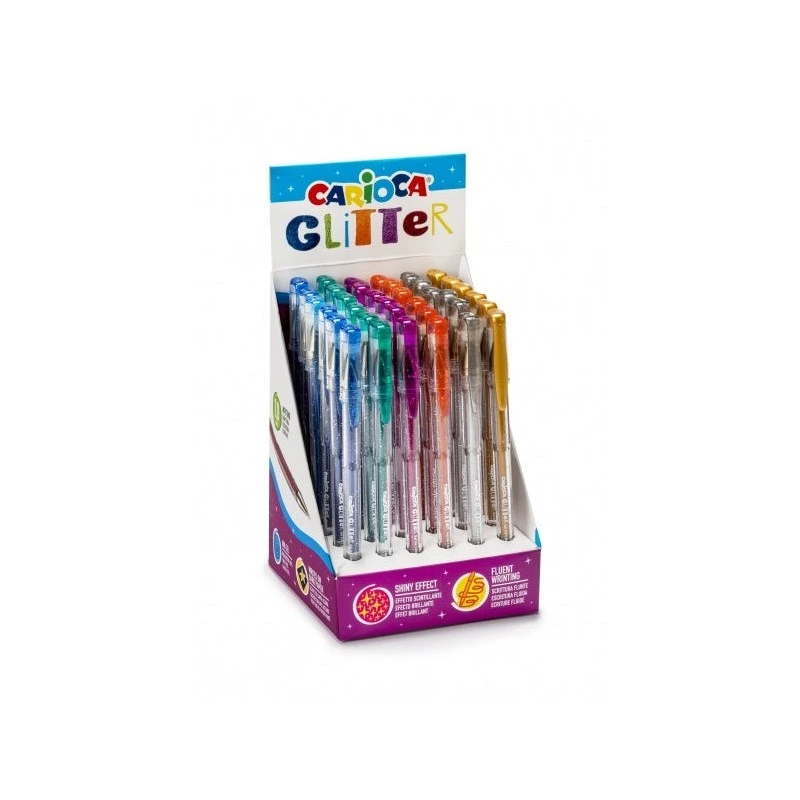 Carioca Glitter Gel Présentoir de 36 Stylos à Bille - Pointe Ø 1mm - Encre Gel Glitter - pour Surfaces Foncées - Écriture