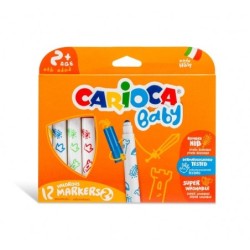 Marcador Carioca Baby Pacote com 12 Marcadores - Ponta Redonda e Bloqueada - Corpo Grande - Super Lavável - Dermatologicamente
