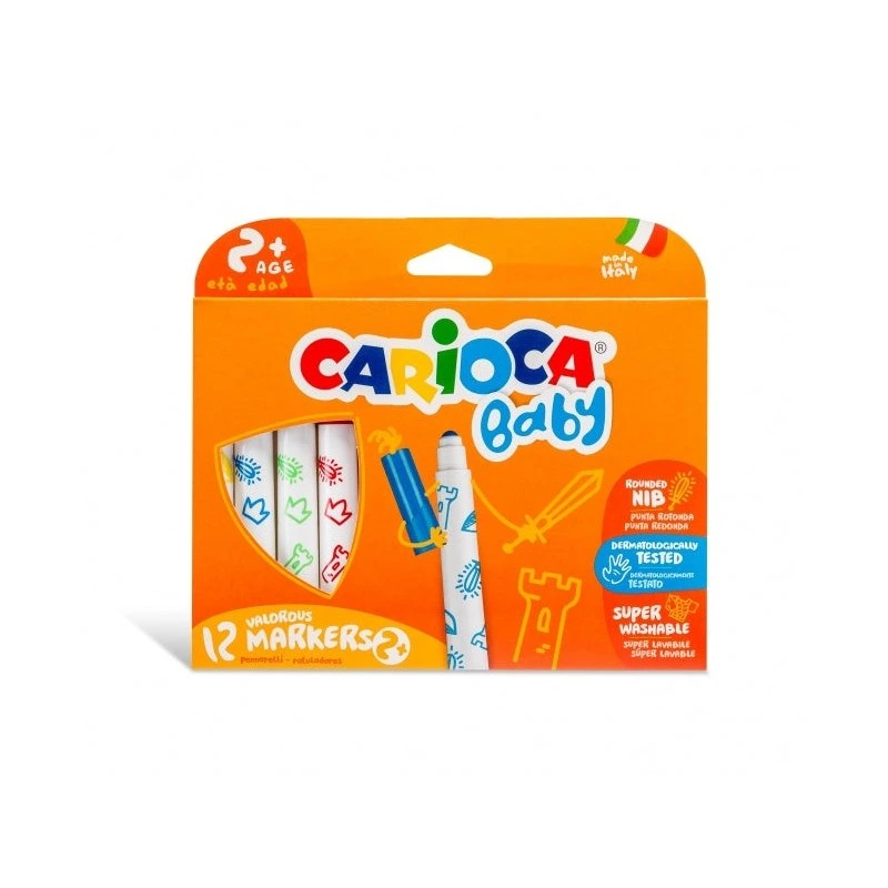 Marcador Carioca Baby Pacote com 12 Marcadores - Ponta Redonda e Bloqueada - Corpo Grande - Super Lavável - Dermatologicamente
