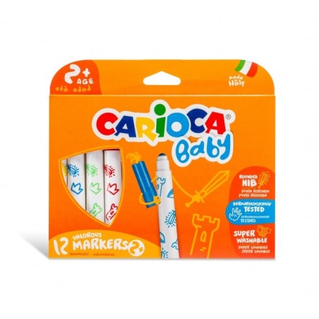 Marcador Carioca Baby Pacote com 12 Marcadores - Ponta Redonda e Bloqueada - Corpo Grande - Super Lavável - Dermatologicamente