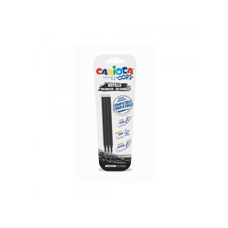 Carioca Oops Pack de 3 Recharges pour Stylo à Bille Effaçable - Encre Thermosensible - Pointe de 0.7mm - Compatibles avec Stylo