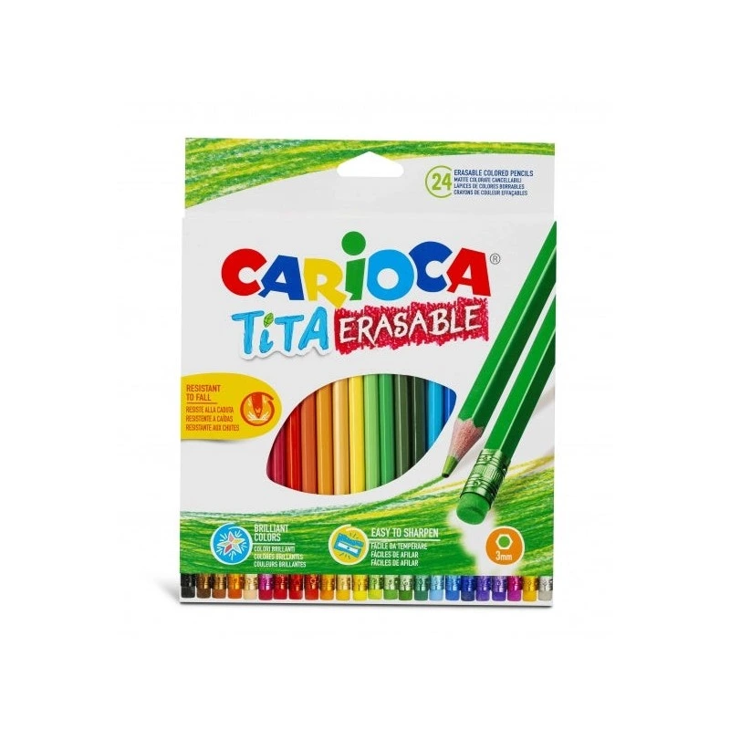 Carioca Tita Pack de 24 Crayons Effaçables en Résine - Corps Hexagonal - Couleurs Vives et Lavables - Écriture Douce - Mine Ø