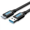Cabo Vention USB 3.0 Macho para MicroUSB Macho - 2A - 10W - 5Gbps - 3m - Cor Preta