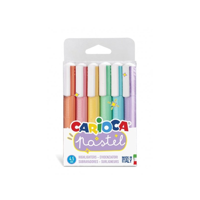 Carioca Pack of 6 Pastel Highlighters - Water-Based Ink - Chisel Tip - Washable Ink - Assorted Colours