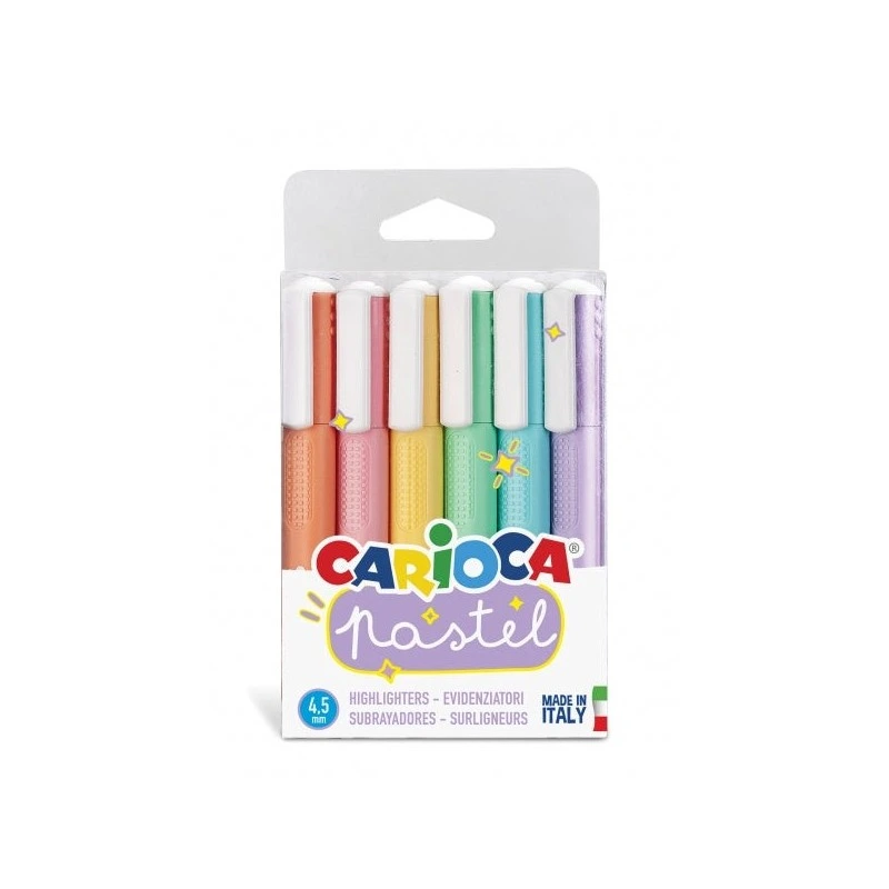 Carioca Pack of 6 Pastel Highlighters - Water-Based Ink - Chisel Tip - Washable Ink - Assorted Colours