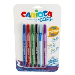 Carioca Oops Pack of 6 Erasable Pens - Thermo-Sensitive Ink - Triangular Ergonomic Grip - 0.7mm Tip - Double Eraser