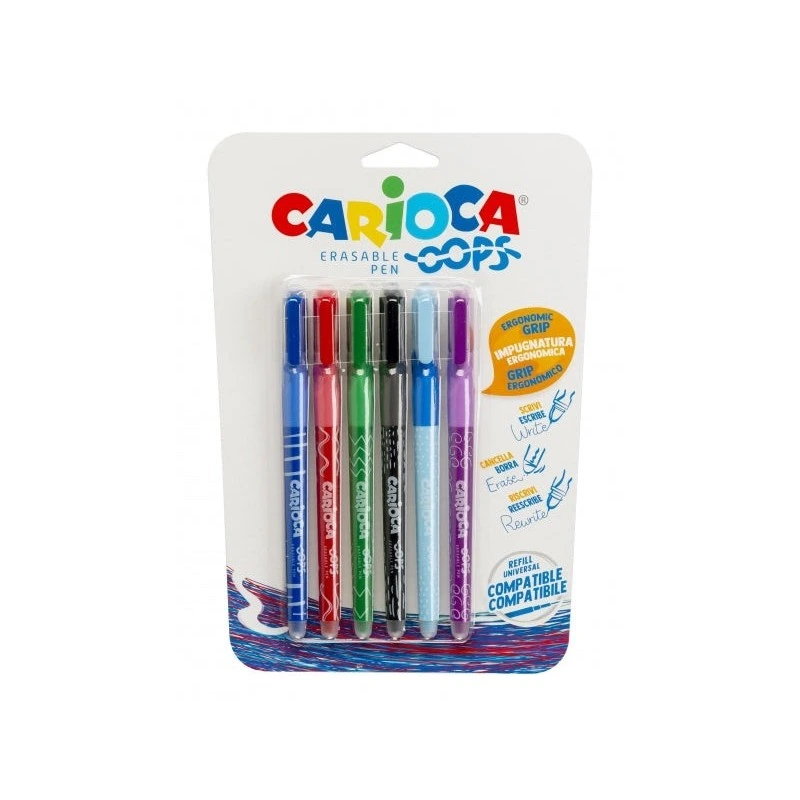 Carioca Oops Pack de 6 Stylos à Bille Effaçables - Encre Thermosensible - Poignée Ergonomique Triangulaire - Pointe de 0.7mm