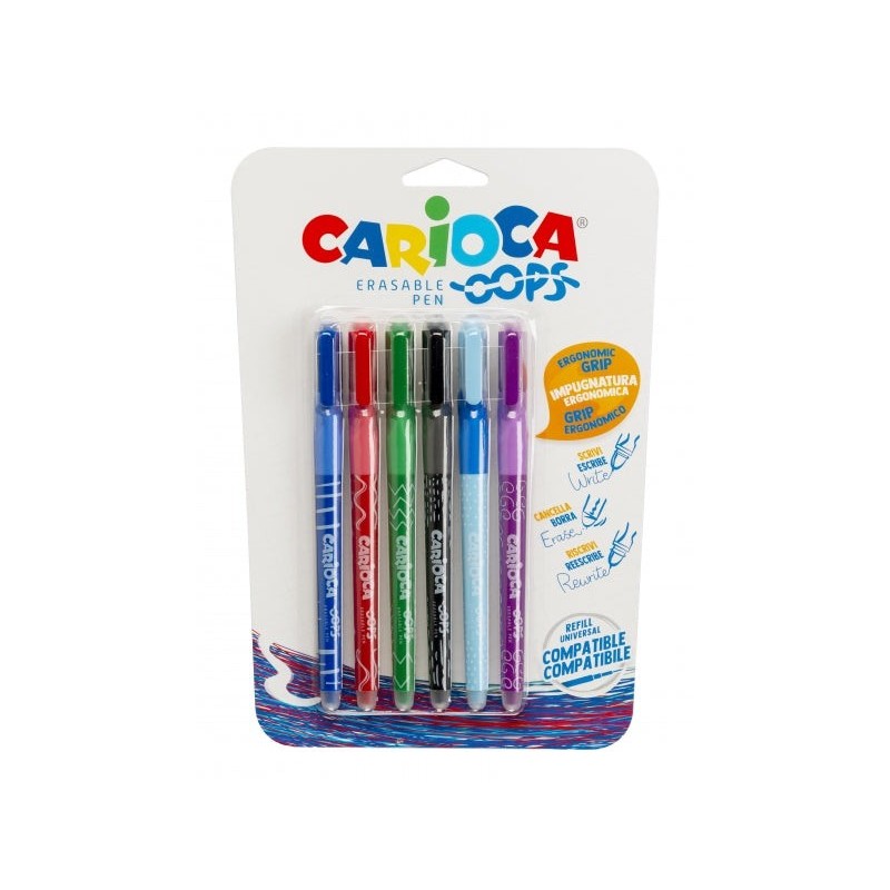 Carioca Oops Pack of 6 Erasable Pens - Thermo-Sensitive Ink - Triangular Ergonomic Grip - 0.7mm Tip - Double Eraser