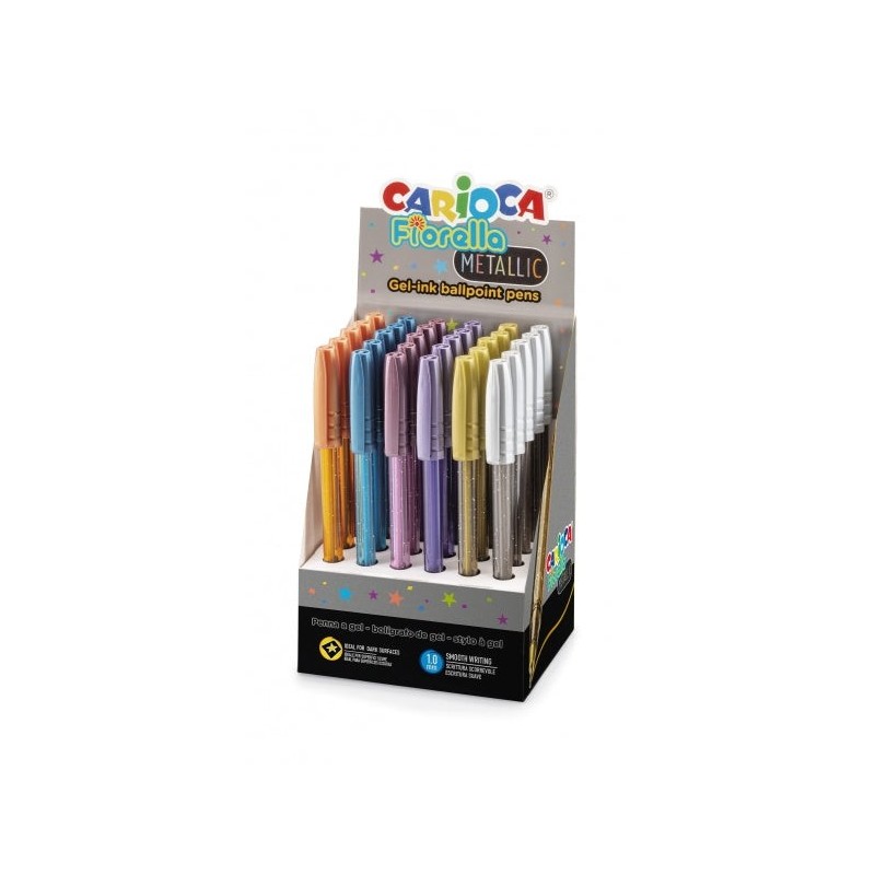 Display Carioca Fiorella com 30 Canetas Coloridas Metálicas - Ponta Esferográfica - Corpo Transparente Fluo - Escrita Brilhante