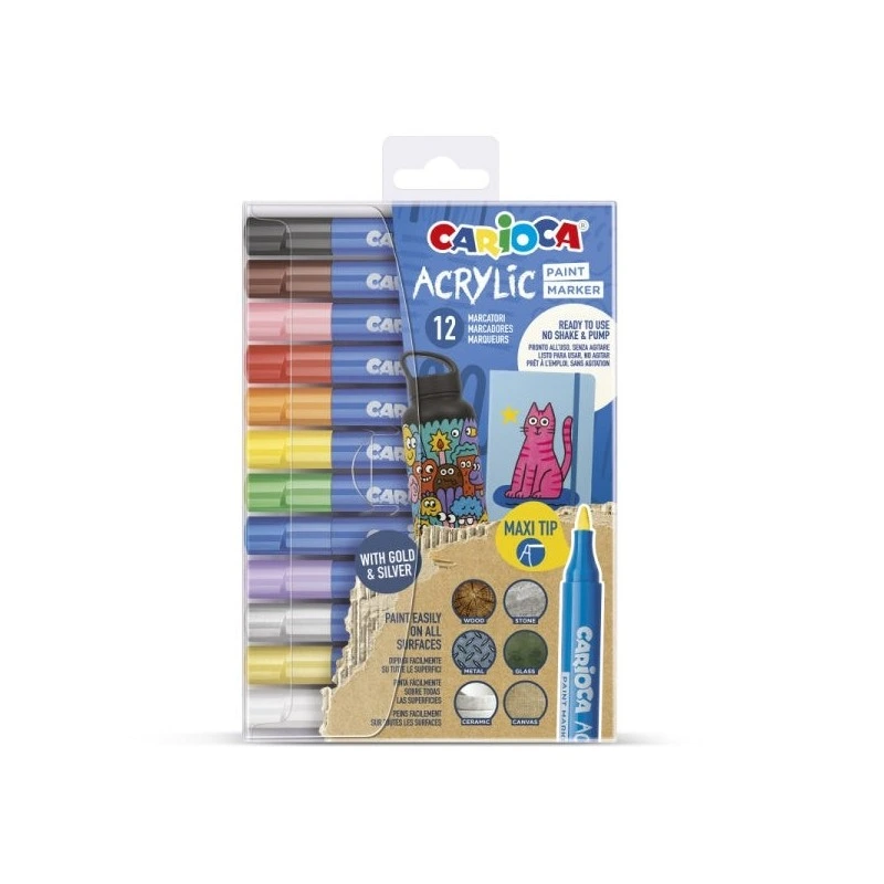 Carioca Acrylic Pack de 12 Marcadores de Tinta Acrílica - Ponta Maxi - Tinta à Base de Água - Alta Cobertura - Cores Sortidas