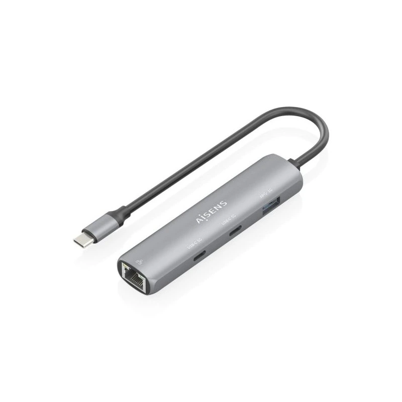 Aisens ASUC-4P040-GR Adaptador de Red USB-C a Ethernet Gigabit + Hub 2xUSB-C y 1xUSB-A 3.0 - 15cm - Color Gris