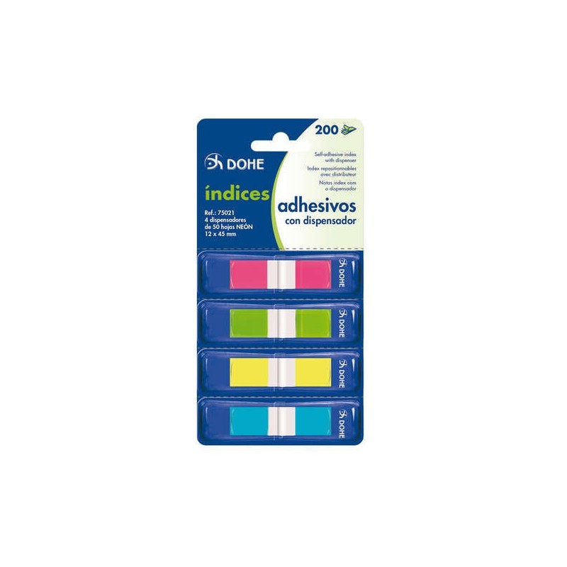 Dohe Pack de 4 Mini-Indices Adhésifs Repositionnables de 50 unités chacun - Mesures 12x45mm - Distributeur avec 4 Couleurs