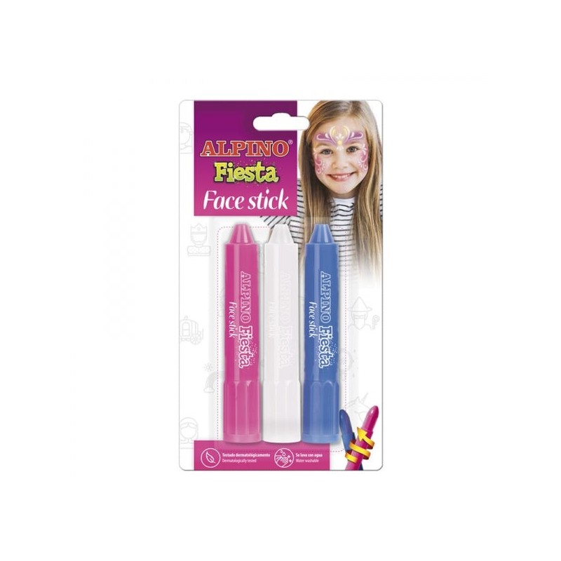 Alpino Fiesta Face Stick Pack con 3 Barritas de Pintura Facial - Sistema Retractil Giratorio - Se Lava con Agua - Testado