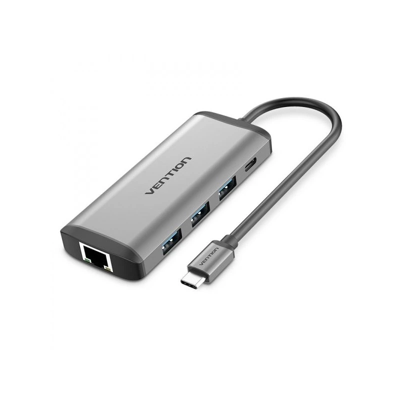 Vention Docking Station 7 en 1 USB-C a HDMI 4K/3xUSB3.0/RJ45/Lector SD/TF/PD87W - 0.15m - Color Gris