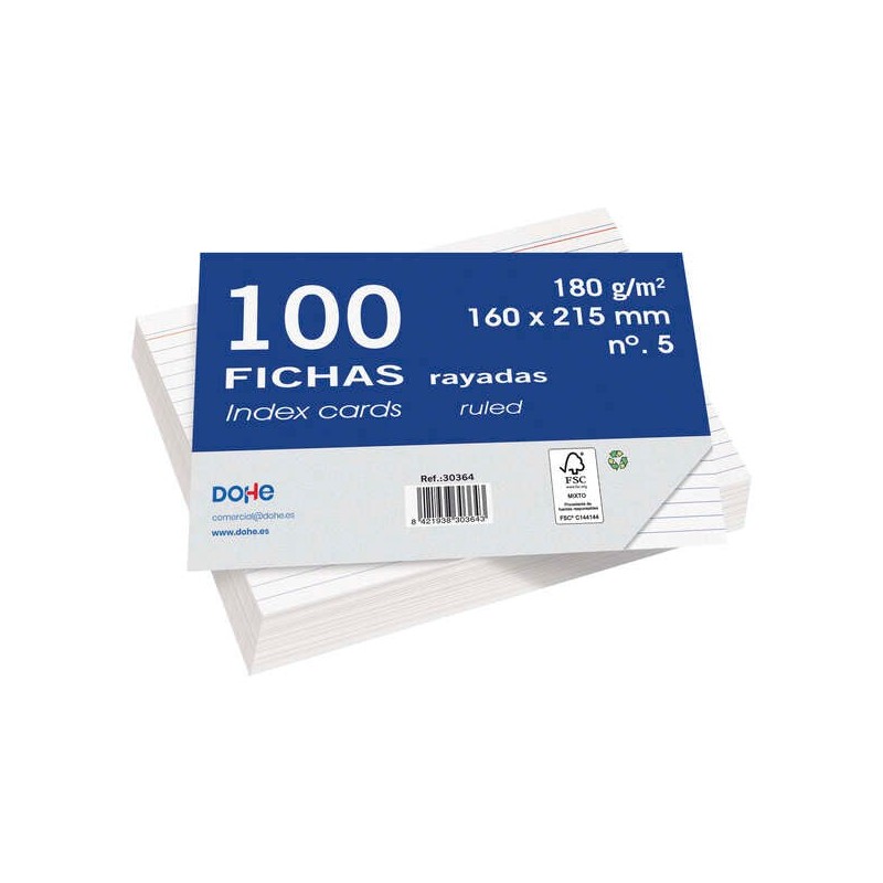 Dohe Fichas de Cartulina Offset Blanca de 180g - 100 Unidades - Rayadas