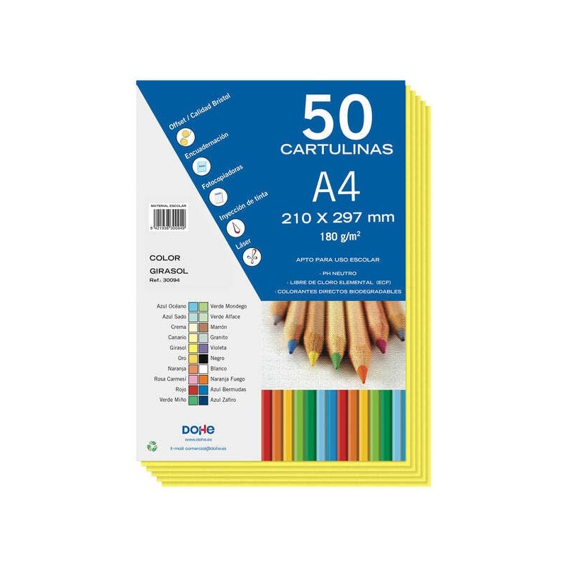 Dohe Pack of 50 A4 Cardboards of 180gr - With Neutral PH - Free of Elemental Chlorine - Sunflower Color