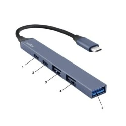 CoolBox 5 em 1 miniDOCK5 Hub USB-C - 1x USB-C PD2.0, 1x USB-C, 1x USB-A 3.2 Gen1, 2x USB-A 2.0 - Cor Cinzenta