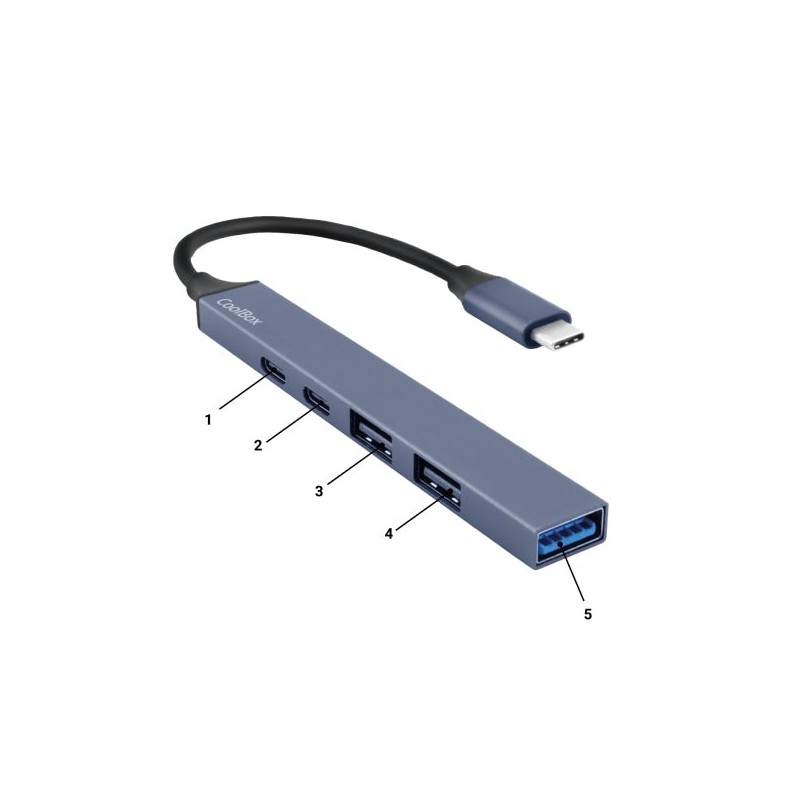 CoolBox Hub miniDOCK5 USB-C 5 en 1 - 1x USB-C PD2.0, 1x USB-C, 1x USB-A 3.2 Gen1, 2x USB-A 2.0 - Couleur Gris