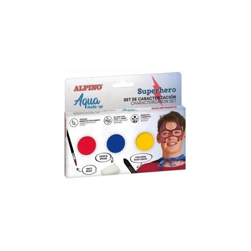 Alpino Aqua Make Up Superhero Characterization Set - 3 Compacts + Black Wax + Brush + Sponge