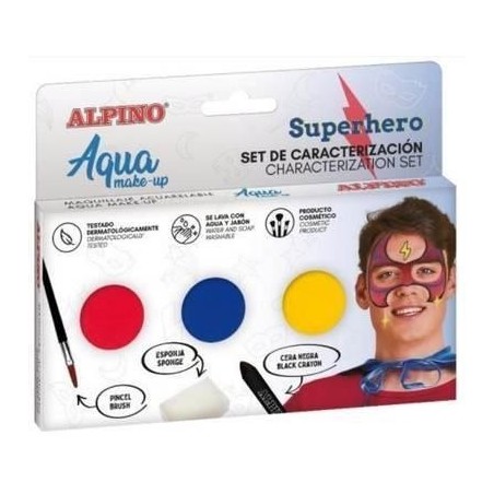 Conjunto de caracterização de super-heróis Alpino Aqua Make Up - 3 compactos + cera preta + pincel + esponja