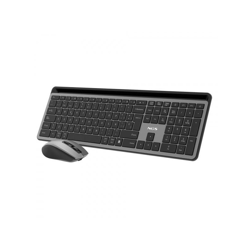 Pack Clavier + Souris Sans Fil Multifonction NGS - Silencieux - 12 Touches Multimédia - Couleur Gris