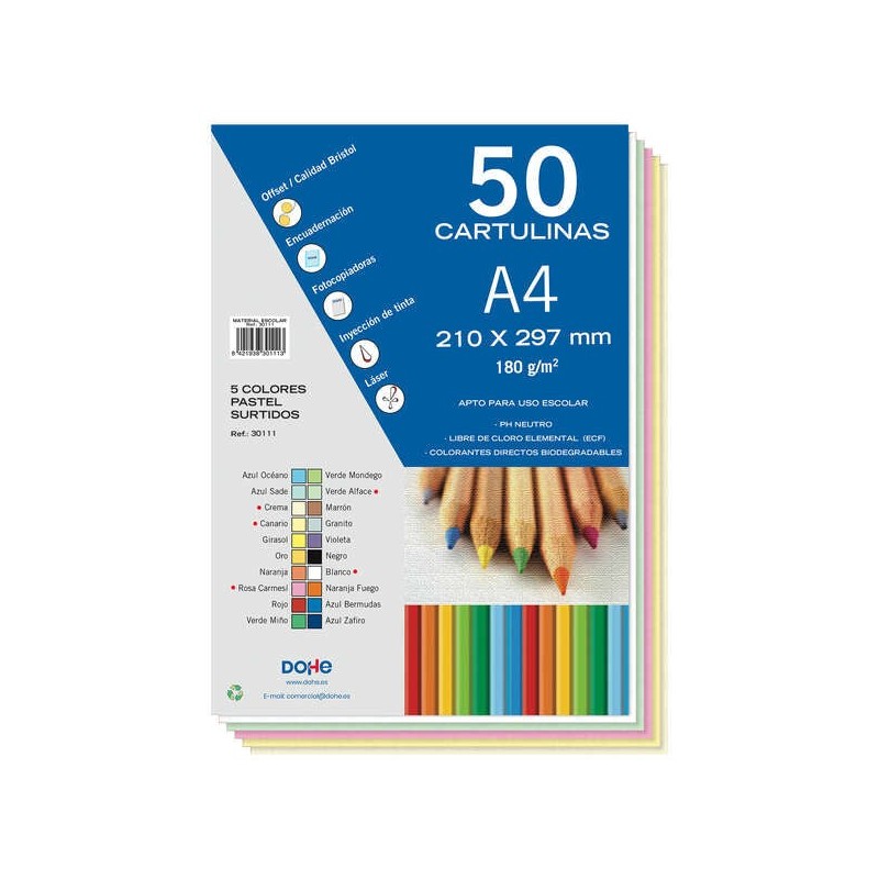 Dohe Pack of 50 A4 Cardboards of 180gr - With Neutral PH - Free of Elemental Chlorine - Assorted Pastel Colors