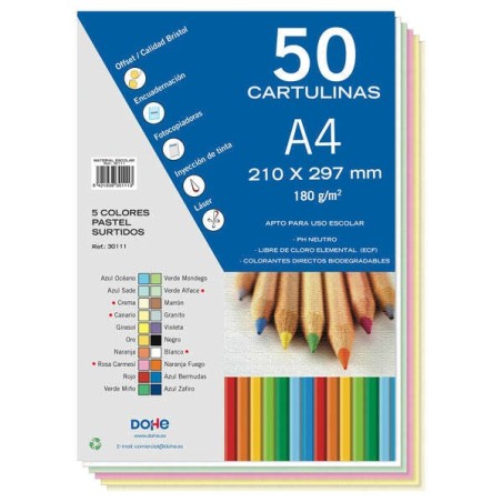 Pacote Dohe de 50 Cartões A4 de 180gr - Com PH Neutro - Livre de Cloro Elemental - Cores Pastel Sortidas