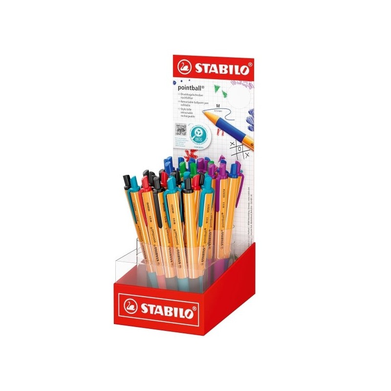 Stabilo Pointball Display of 38 Retractable Pens - 1mm Tip - Oil-Based Ink - Refillable - 87% Recycled Plastic - Non-Slip Grip
