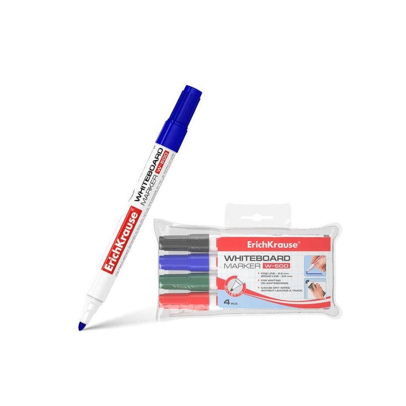 Erichkrause W-500 Pack de 4 Marqueurs pour Tableau Blanc - Pointe Ogive - Trait de 0.8 à 2.5mm - Encre à Base d'Alcool