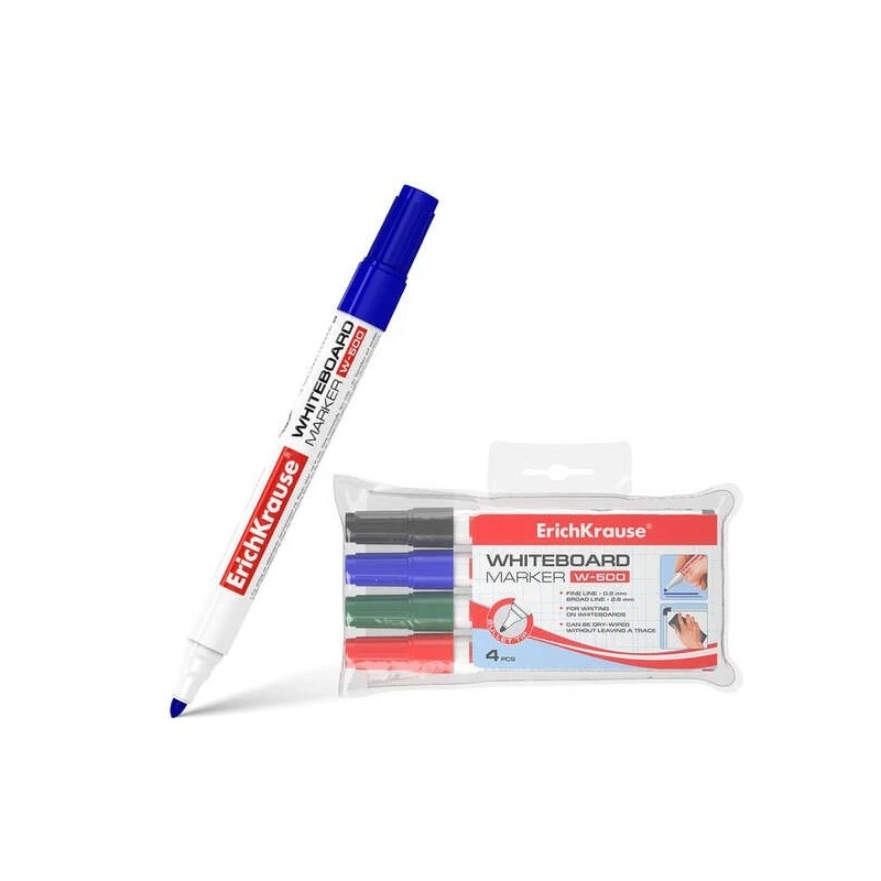 Erichkrause W-500 Pack de 4 Marqueurs pour Tableau Blanc - Pointe Ogive - Trait de 0.8 à 2.5mm - Encre à Base d'Alcool