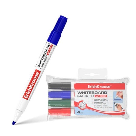 Erichkrause W-500 Pack de 4 Marqueurs pour Tableau Blanc - Pointe Ogive - Trait de 0.8 à 2.5mm - Encre à Base d'Alcool