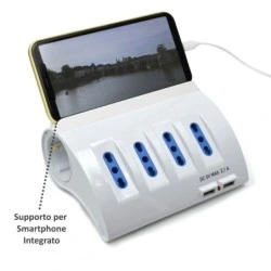 Multiprise Ewent avec 6 Prises - Prises 4 L + 2 Prises L/F (Schuko) - 2x USB-A - Protection Enfant - Prise Italienne Plate
