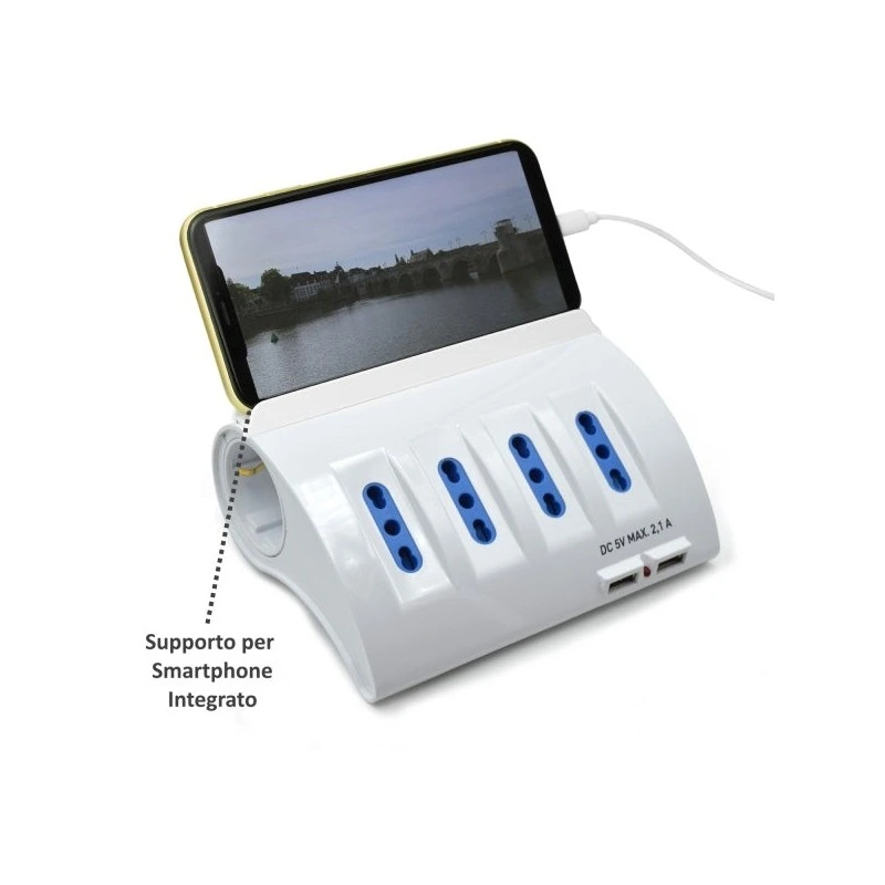 Ewent Power Strip with 6 Outlets - 4 L Outlets + 2 L/F Outlets (Schuko) - 2x USB-A - Child Protection - Angled Flat Italian