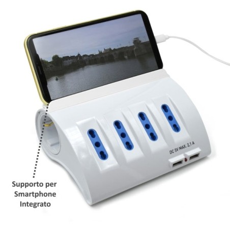 Multiprise Ewent avec 6 Prises - Prises 4 L + 2 Prises L/F (Schuko) - 2x USB-A - Protection Enfant - Prise Italienne Plate