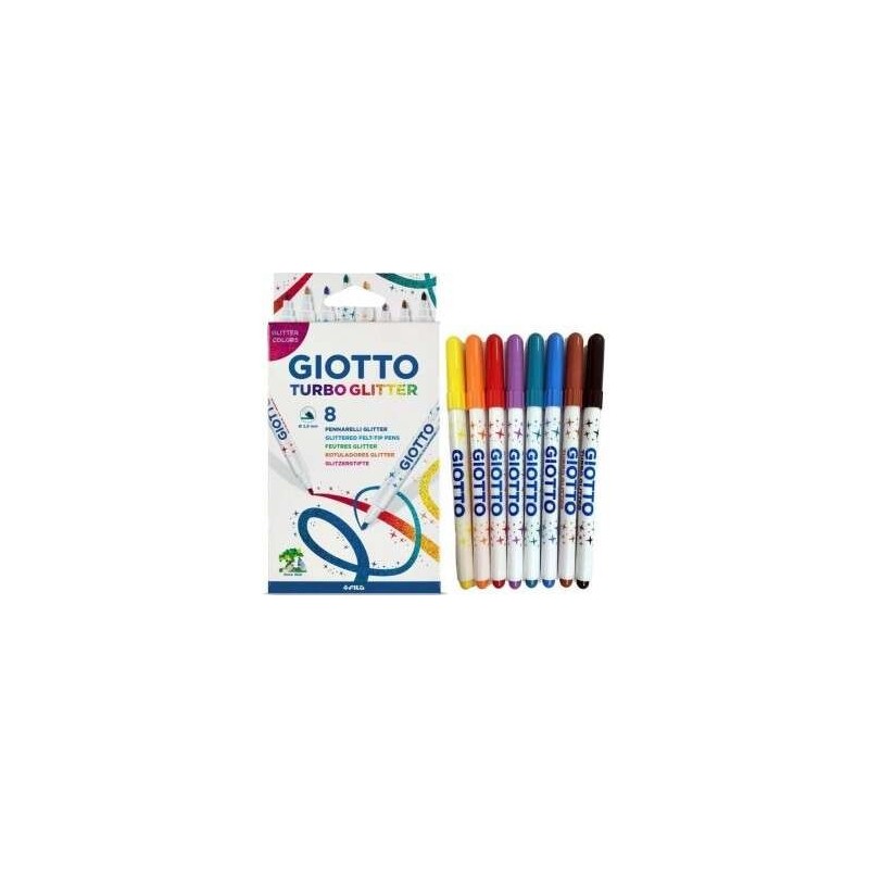 Giotto Turbo Glitter Pack de 8 Marcadores - Ponta Fina 2.8mm - Tinta à Base de Água - Lavável - Cores Sortidas