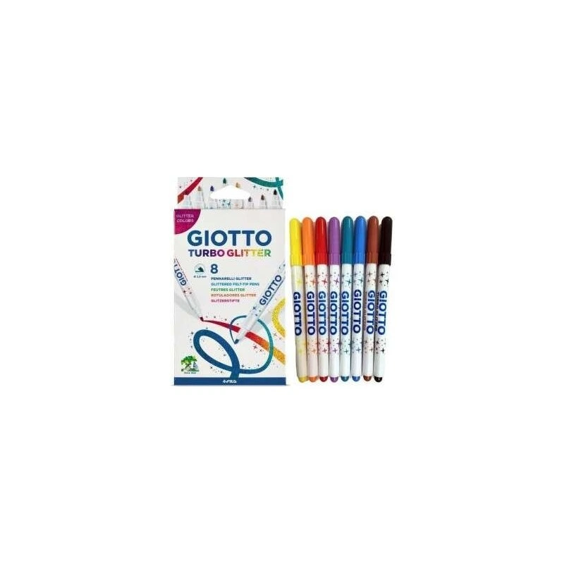 Giotto Turbo Glitter Pack of 8 Felt Tip Pens - 2.8mm Fine Tip - Water-Based Ink - Washable - Assorted Colours