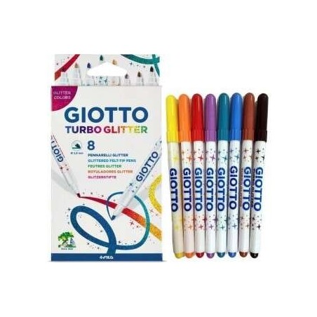 Giotto Turbo Glitter Pack of 8 Felt Tip Pens - 2.8mm Fine Tip - Water-Based Ink - Washable - Assorted Colours