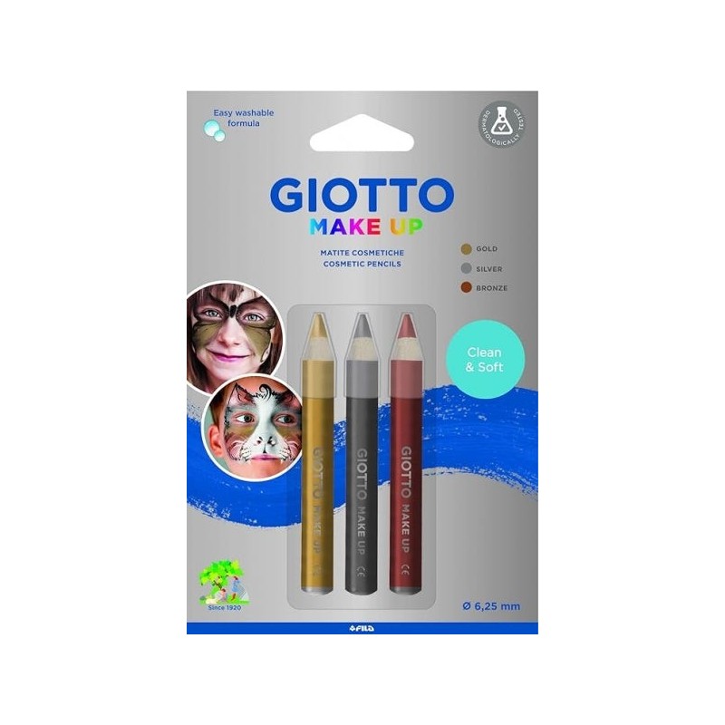 Pacote Metálico Giotto Make Up com 3 Lápis Cosméticos - Lava com Água - Testado Dermatologicamente - Cores Metálicas Sortidas