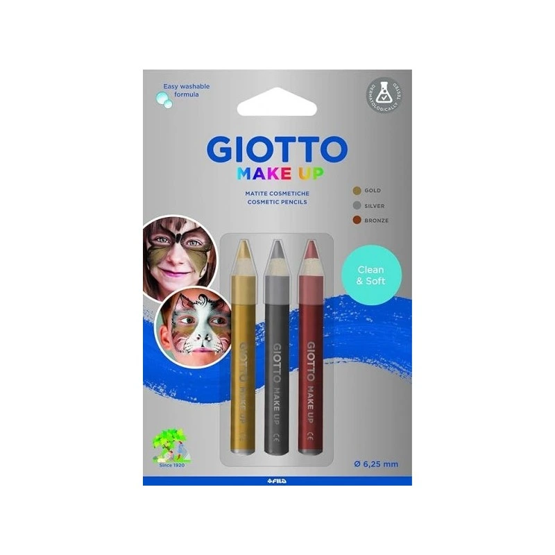 Pacote Metálico Giotto Make Up com 3 Lápis Cosméticos - Lava com Água - Testado Dermatologicamente - Cores Metálicas Sortidas