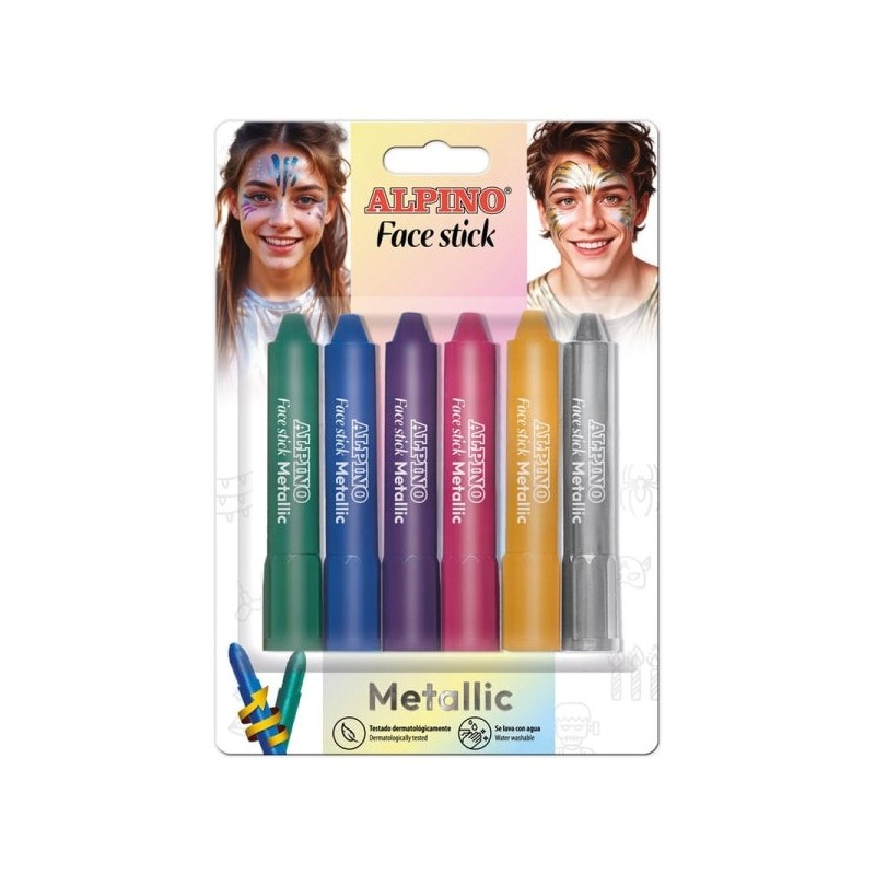 Alpino Fiesta Face Stick Metallic Pack con 6 Barritas de Pintura Facial - Sistema Retractil Giratorio - Se Lava con Agua