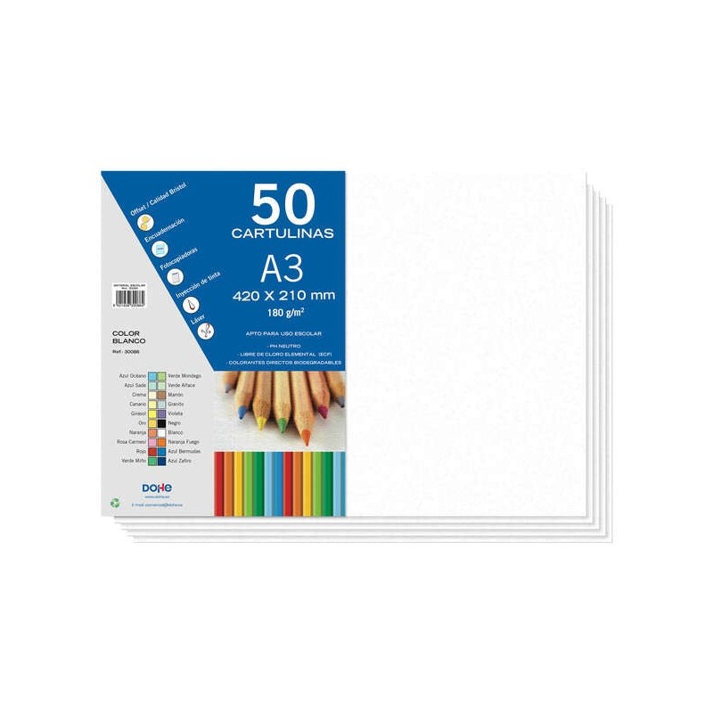 Dohe Pack of 50 A3 Cardboards of 180gr - With Neutral PH - Free of Elemental Chlorine - White Color